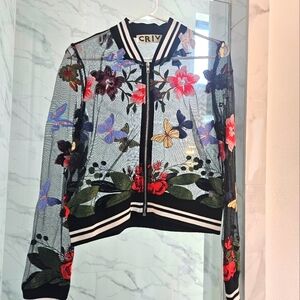Black Floral Embroidered Mesh Women's Jacket